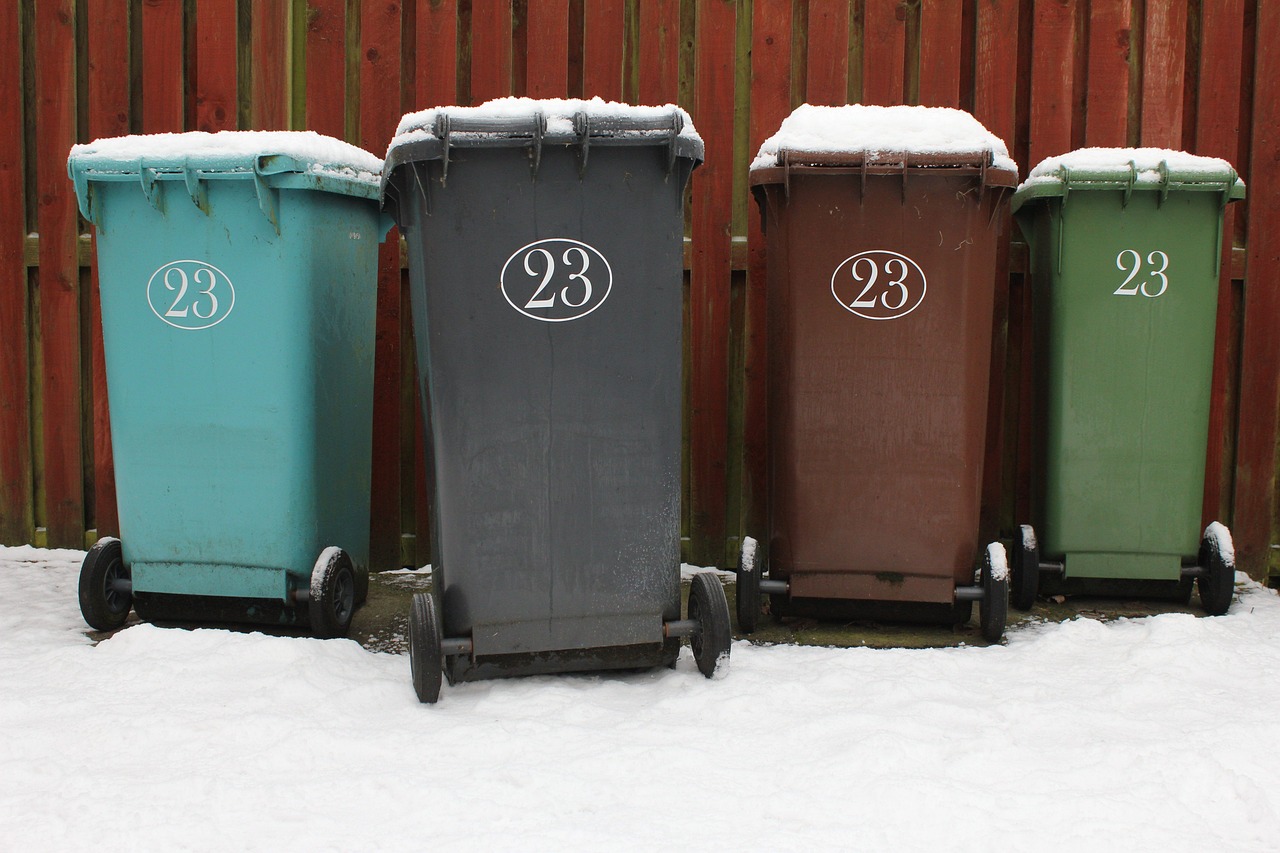 wheelie bin, garbage, rubbish, waste, dustbin, paper, plastic, blue, green, brown, grey, recycling, disposal, refuse container, lineup, trash can, environmental, separation, nature, collection, line up, chill, snow, december, cold, winter, ice, frost, season, weather